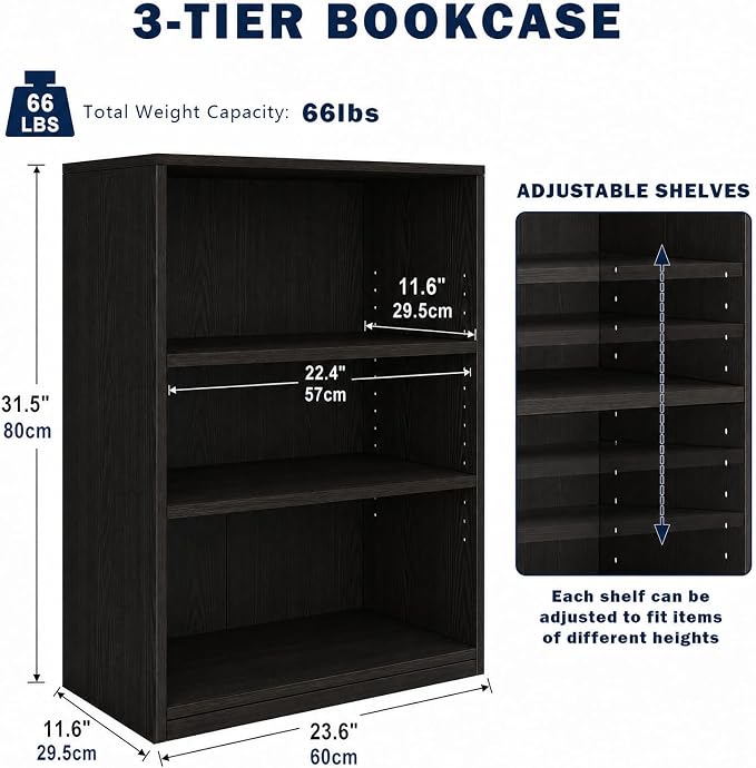 CTESNE【2026 Adjustable Shelves 3-Tier Bookcase, 71 inches, Wooden Open Display - Image 3