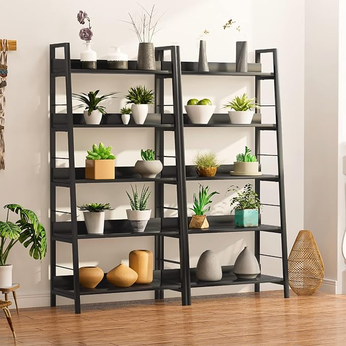Himimi Black Ladder Bookshelf, 5 Shelf Bookcase Industrial Bookshelf Wood and - Image 3