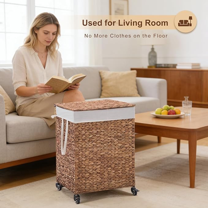 2-Section Laundry Hamper with Lid, Large Capacity Woven Natural Water Hyacinth - Image 9