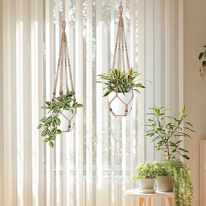 LEWESU Jute Macrame Plant Hanger Indoor Set of 4 Hanging Planter Basket Flower - Image 4