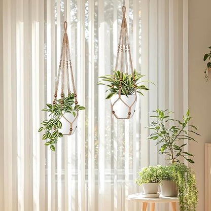 LEWESU Jute Macrame Plant Hanger Indoor Set of 4 Hanging Planter Basket Flower - Image 4