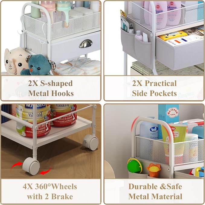 Baby Diaper Caddy Cart Organizer -3 Tier, Bedside Nursery Essentials Cart & - Image 7