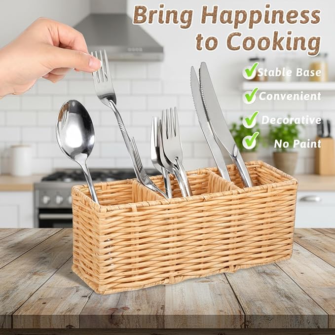 Wicker Flatware Silverware Caddy, Plastic Woven Kitchen Cutlery Organizer - Image 3