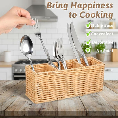 Wicker Flatware Silverware Caddy, Plastic Woven Kitchen Cutlery Organizer - Image 3