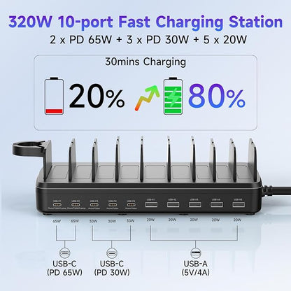 320W Charging Station for Multiple Devices, 10 Ports Fast Multi-Device Charger - Image 3