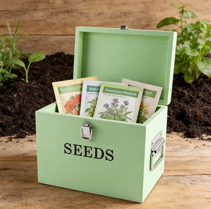 Seed Storage Organizer with 2 Dividers, Wooden Seed Saving Box with Lid - Image 6