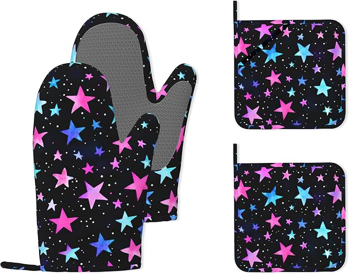 Blue Pink Stars Heat-Resistant Silicone Oven Mitts and Pot Holder 4 Piece Set by Unknown