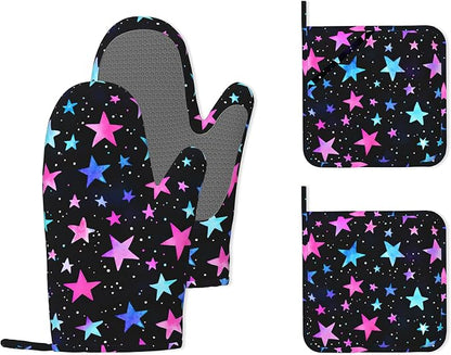 Blue Pink Stars Heat-Resistant Silicone Oven Mitts and Pot Holder 4 Piece Set by Unknown