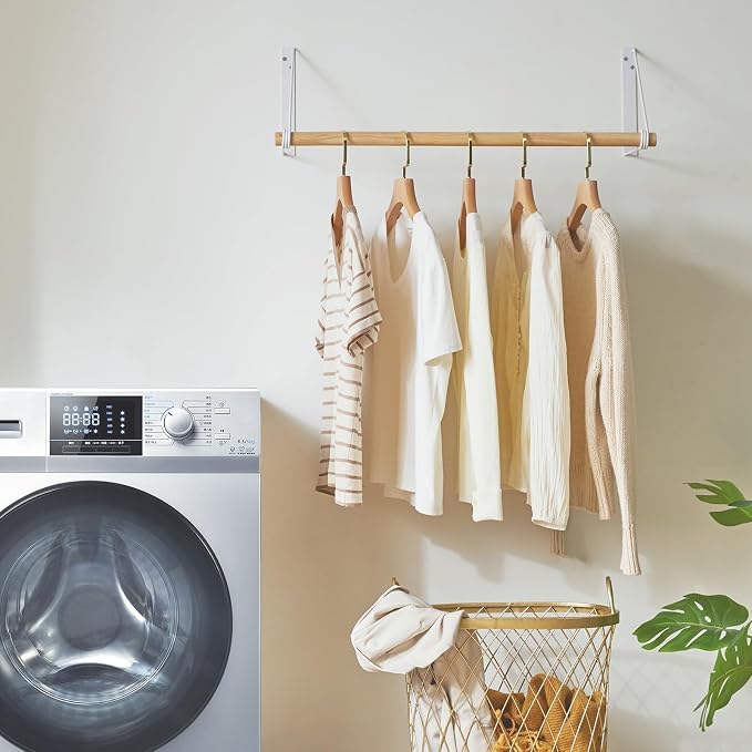 IBUYKE Wall Mounted Clothes Rack, Wood Wall Mounted Clothes Rail, Space-Saving - Image 7