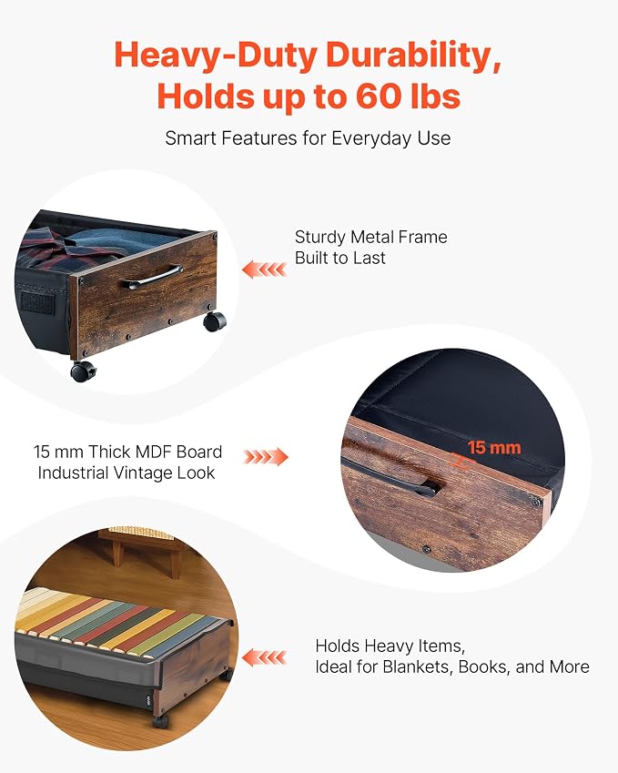 VEVOR Under Bed Storage with Wheels, 36.0 x 18.1 x 7.3 inch, Underbed - Image 6