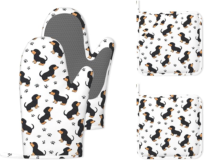 Cute Dachshund Dog Heat-Resistant Silicone Oven Mitts and Pot Holders 4 Piece by Unknown