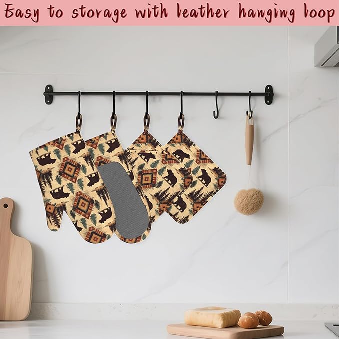 Tribal Bear Retro Geometric Silicone Oven Mitts and Pot Holders, Heat-Resistant - Image 5