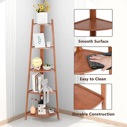 5-Tier Corner Shelf Stand, Tall Wood Shelf, Bookshelf - Image 4