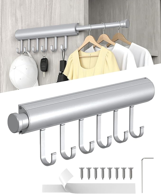 Pull Out Valet Rod, 12 Inches, 6 Hooks | Hidden Screw Design by Unknown