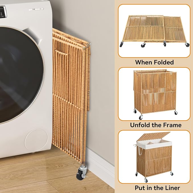WOWLIVE Laundry Hamper with Wheels, Handwoven Rolling Laundry Basket with Lid - Image 7