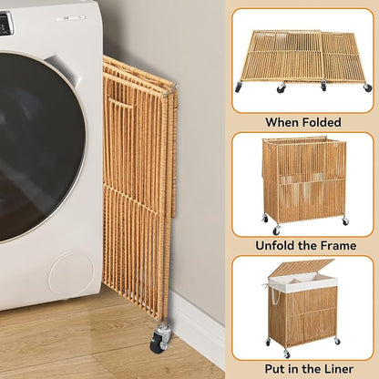 WOWLIVE Laundry Hamper with Wheels, Handwoven Rolling Laundry Basket with Lid - Image 7