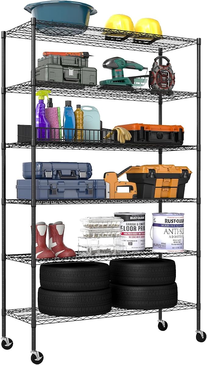 FDW | 6-Tier Wire Shelf with Wheels | 48" x 18" x 76" | Black | Storage Shelves by FDW