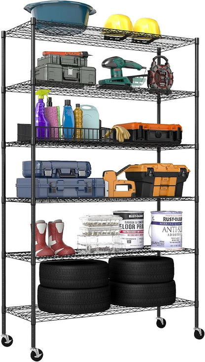FDW | 6-Tier Wire Shelf with Wheels | 48" x 18" x 76" | Black | Storage Shelves by FDW
