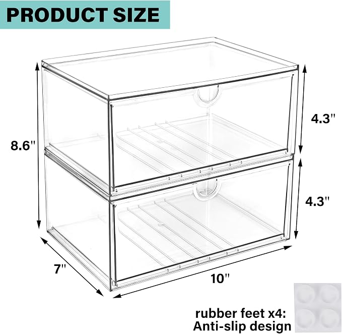 Prsildan Acrylic Makeup Organizer, 2 Pack Stackable Clear Storage Drawers - Image 3