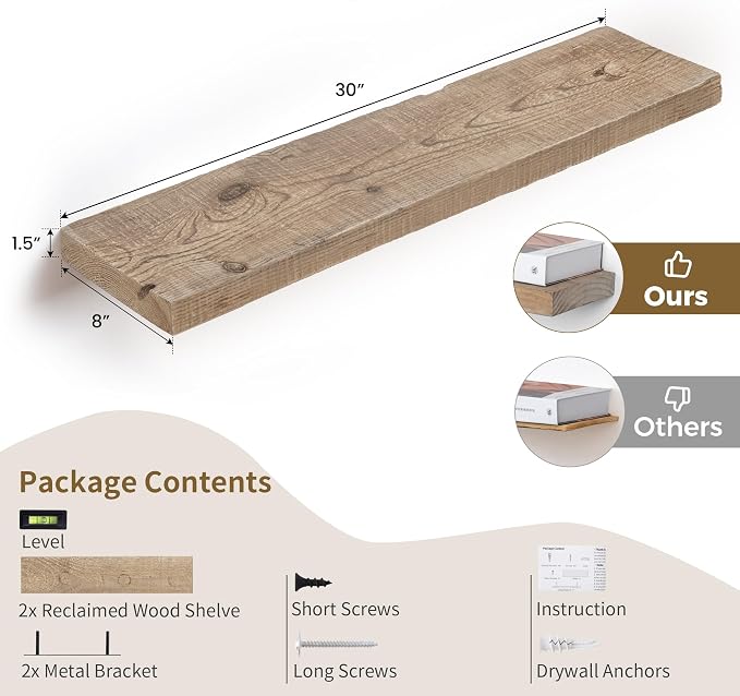 Floating Shelves, 8 Inch Deep Rustic Solid Reclaimed Wood Wall Shelves - Image 3