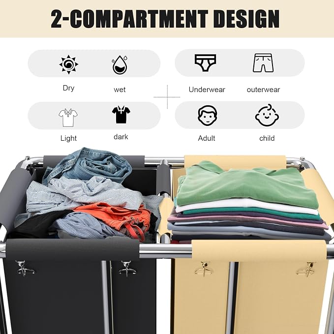 Commercial Laundry Cart with Wheels, 400L 2-Section Large Lanudry Hamper with - Image 3