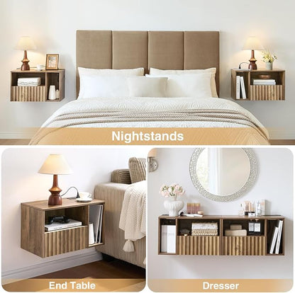 Modern Rustic Brown Fluted Floating Nightstand - Image 5