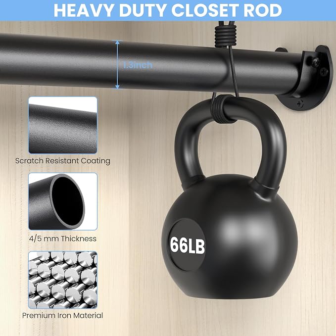 Closet Rods for Hanging Clothes, 17 to 99 Inch Stepless Adjustable Closet Rod - Image 3