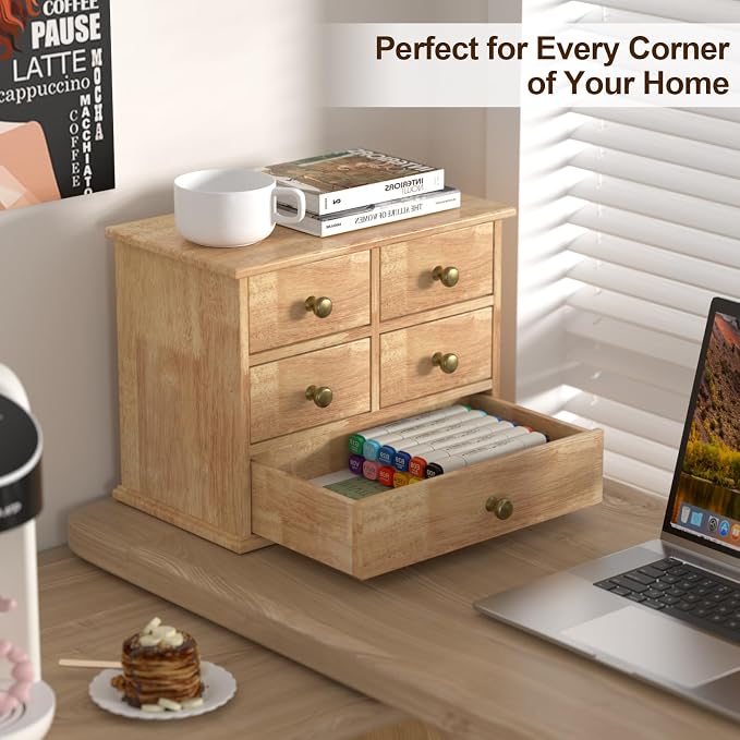 Oak Desk Organizer with Drawers, Durable Wooden Desktop Storage Box | 5 Drawer - Image 4