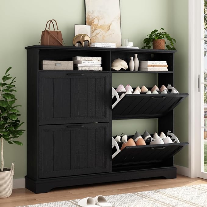 Shoe Storage Cabinet with 4 Flip Drawers, Farmhouse Modern Hidden Shoes Rack by WINWY