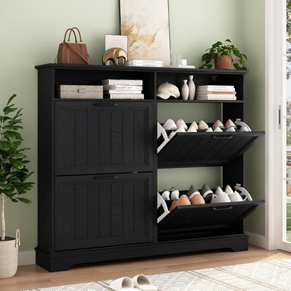 Shoe Storage Cabinet with 4 Flip Drawers, Farmhouse Modern Hidden Shoes Rack by WINWY