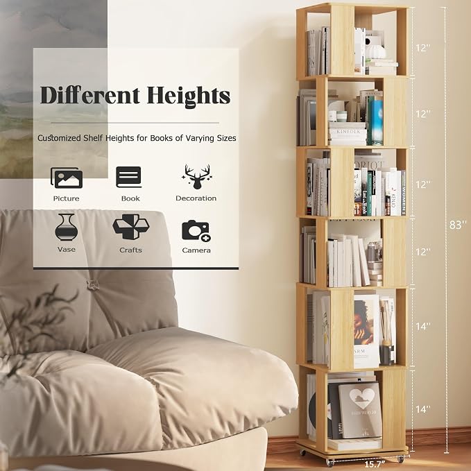 79-Inch 6 Tier Solid Wood Rotating Bookshelf Tower on Wheels, 360° Upgrade - Image 2