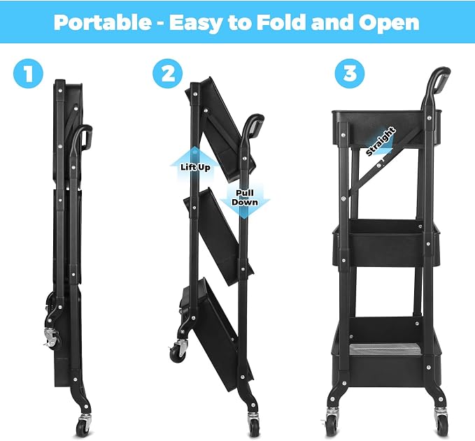 Foldable 3 Tier Metal Utility Rolling Cart, Folding Mobile Multi-Function - Image 2