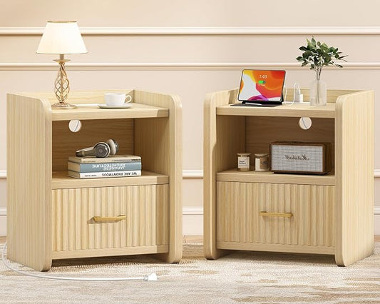 Night Stand with Charger Station, Fluted Nightstands Set of 2 with Drawer by Curlaky