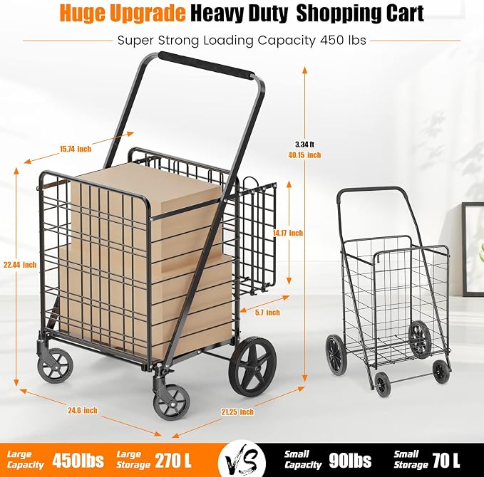 455lbs Shopping Cart for Groceries, Large Heavy Duty Grocery Cart on Wheels | - Image 2