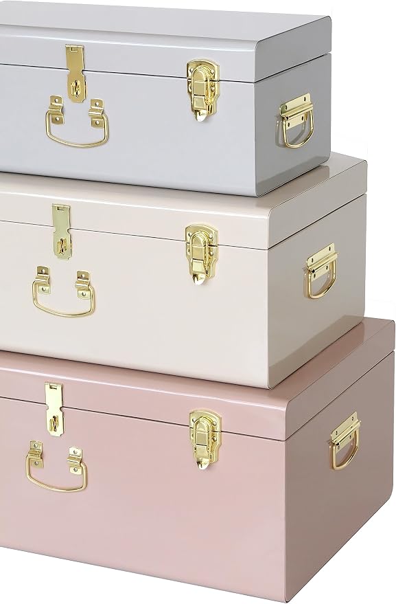 Vixdonos Decorative Box Set of 3 Metal Trunks Chest - Image 3