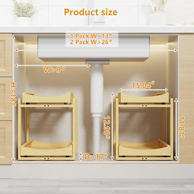 Bamboo Under Sink Organizer Adjustable Height 2 Tier Bathroom Organizer Pull - Image 2