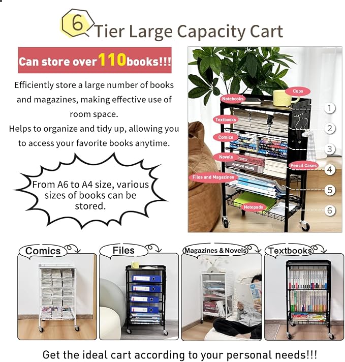 Lumizone Foldable Book Cart 6-Tier Large Capacity Bookshelf Single Sided - Image 4
