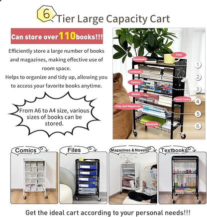 Lumizone Foldable Book Cart 6-Tier Large Capacity Bookshelf Single Sided - Image 4