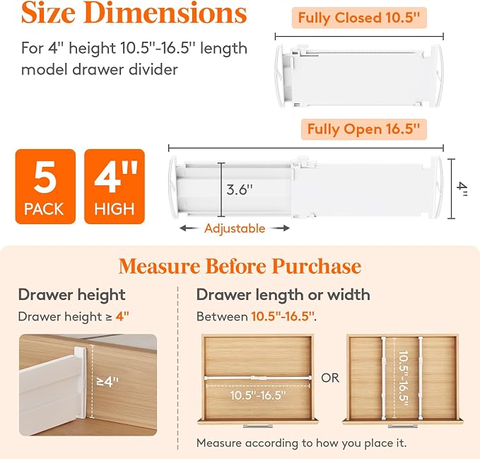 Lifewit 5 Pack Drawer Dividers for Clothes, Adjustable White Plastic Separators - Image 2
