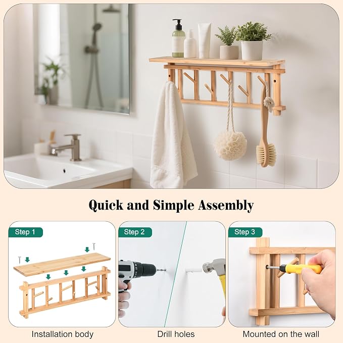 Coat Rack Wall-Mounted with Shelf Coat Hooks Wall Mount with Shelf Entryway - Image 7