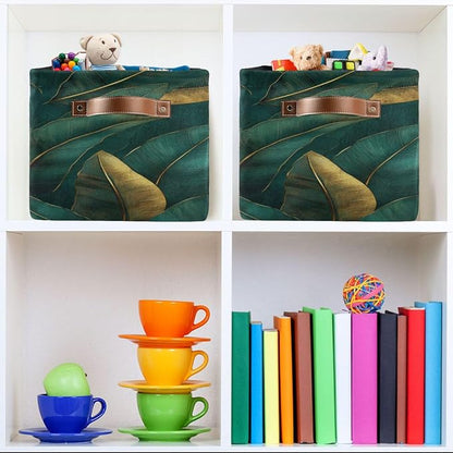 Dark Green and Gold Leaf Pattern Storage Bins Box Foldable Shelf Basket - Image 6
