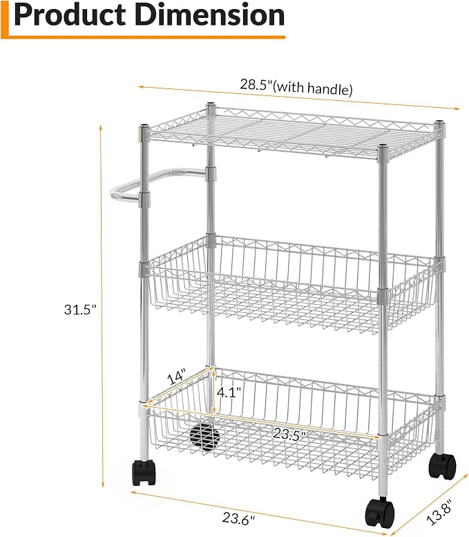 Chrome 3 Tier Rolling Storage Cart, Metal Wire Kitchen Cart - Image 4