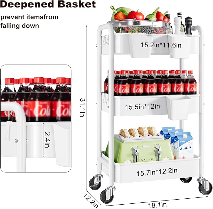 3 Tier Rolling Cart Metal with Wheels, Storage Utility Carts - Image 2