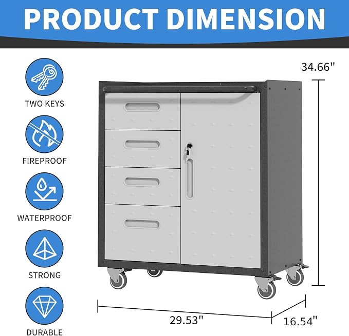 Metal Storage Cabinet for Garage, Tool Cabinet, Utility Cabinet | Wheeled - Image 3