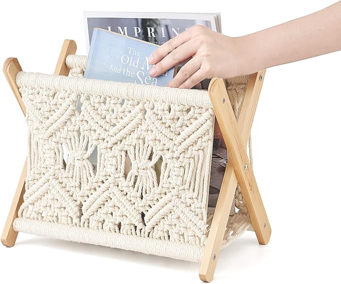 Mkono Macrame Magazine Rack Boho Storage Holder Standing Basket - Image 5
