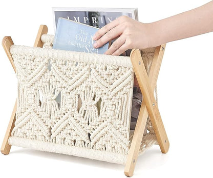 Mkono Macrame Magazine Rack Boho Storage Holder Standing Basket - Image 5