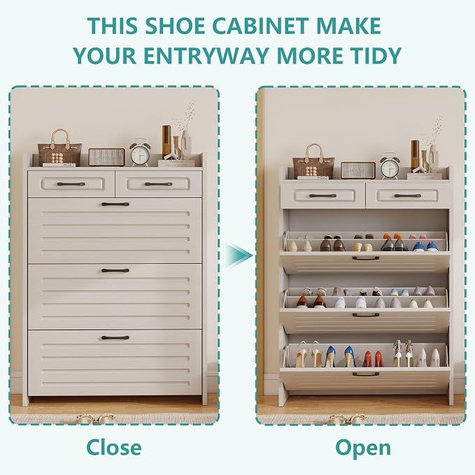 Shoe Cabinet with 3 Large Flip Drawers and 2 Storage Drawers, Narrow Shoe - Image 4