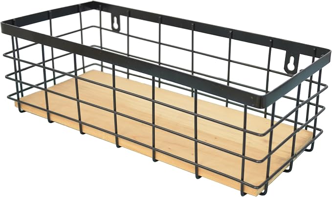 Detachable Wood Base Wire Basket tabletop or wall mount, Medium | Farmhouse by ShabbyDecor