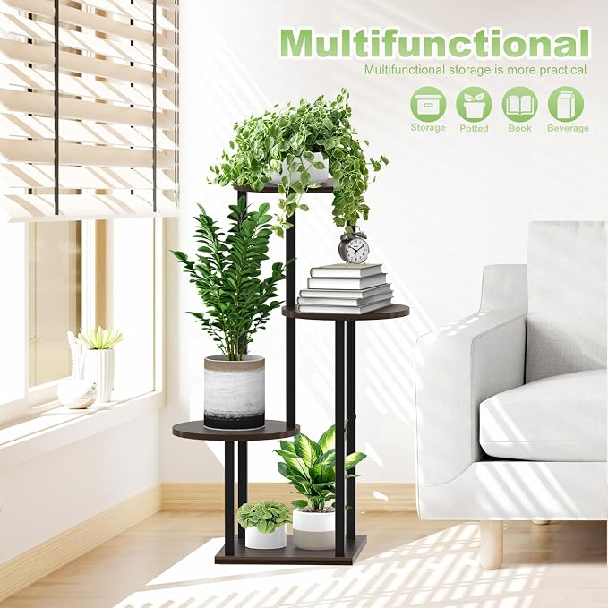 4 Tier Wood Tall Plant Stand Metal Rack Indoor, Round Planter Shelf Display - Image 6