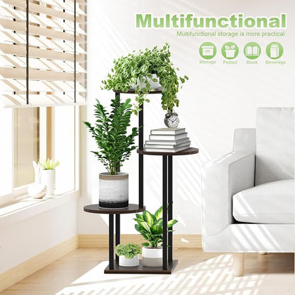 4 Tier Wood Tall Plant Stand Metal Rack Indoor, Round Planter Shelf Display - Image 6
